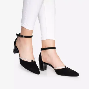 Pantofi eleganți decupați damă din piele naturală - 183 Negru Argintiu Velur