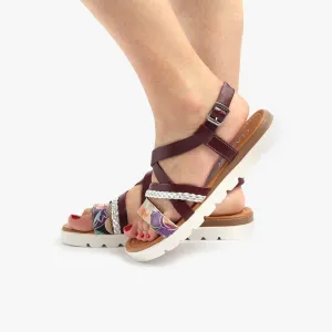 Sandale cu talpa joasă damă din piele naturală, Leofex - 651 Vișiniu + Flori Box