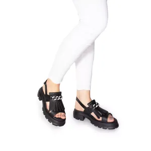 Sandale cu talpă groasă damă din piele naturală, Leofex - 357-1 Negru Box