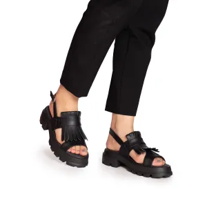 Sandale cu talpă groasă damă din piele naturală, Leofex - 357 Negru Box