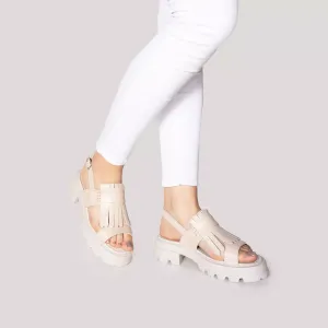 Sandale cu talpă groasă damă din piele naturală, Leofex - 357 Nude Box