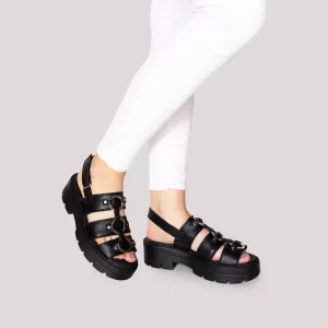 Sandale cu talpă groasă damă din piele naturală, Leofex - 370 Negru Box
