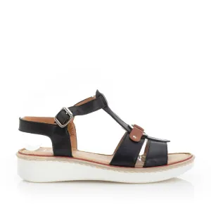 Sandale cu talpă joasă damă, din piele naturală, Leofex  - 161 Negru + Camel Box