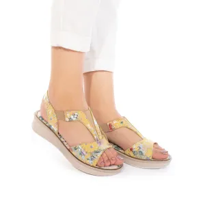 Sandale cu talpa joasa dama din piele naturala,Leofex - 215 Galben Box Floral