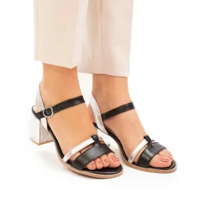 Sandale cu toc damă din piele naturală, Leofex - 127-2 Negru Argintiu Box