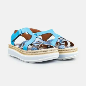 Sandale dama cu talpa groasa din piele naturala -  490 Albastru Box Print