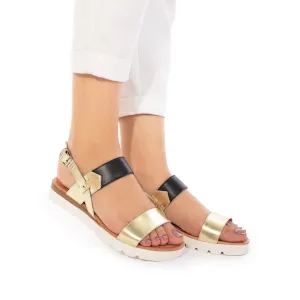 Sandale cu talpa joasa dama din piele naturala, Leofex - 168 Negru Auriu Box
