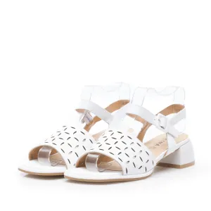 Sandale elegante damă cu toc mic din piele naturală, Karisma - 4004 Alb Box Perforat