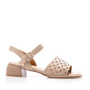 Sandale elegante damă cu toc mic din piele naturală, Karisma - 4004 Cappuccino Box Perforat
