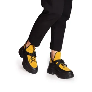 Sneakers damă din piele naturală, Leofex - 288-1 Negru Muştar Box Velur