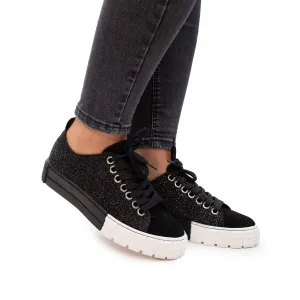 Sneakers damă din piele naturală, Leofex - 308 Negru velur cu sclipici