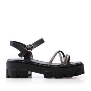 Sandale cu talpă groasă damă din piele naturală, Leofex -  055 Negru Box