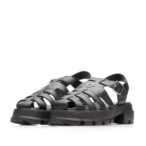Sandale cu talpă groasă damă din piele naturală, Leofex - 368-1 Negru Box