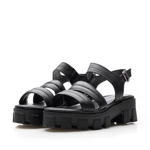 Sandale cu talpă groasă damă din piele naturală, Leofex - 393-1 Negru Box
