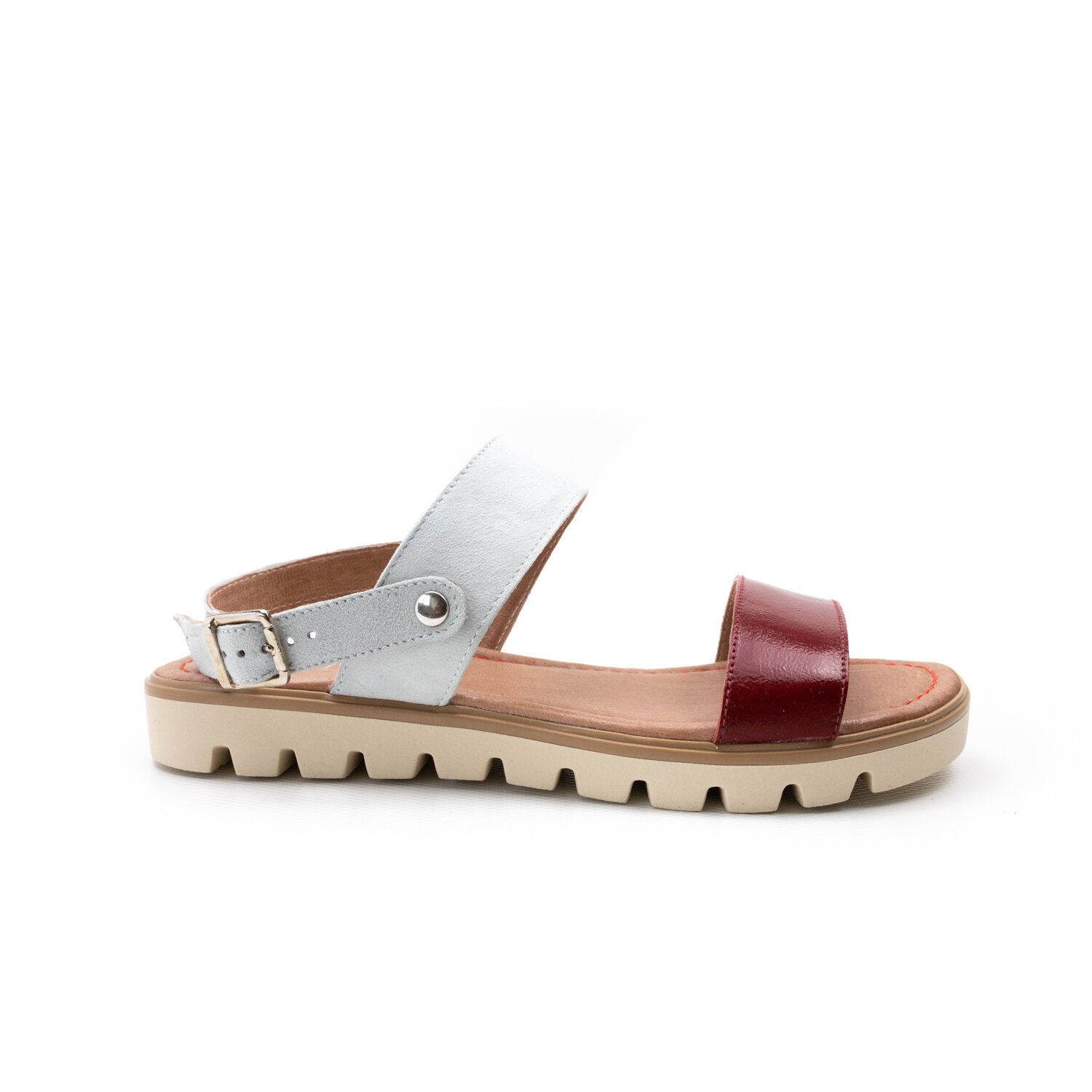 Sandale cu talpă joasă damă din piele naturală, Leofex - 043 Roşu + Gri Box Velur