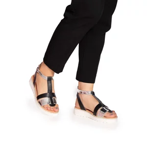 Sandale cu talpă joasă damă, din piele naturală, Leofex - 151 Negru Argintiu Box