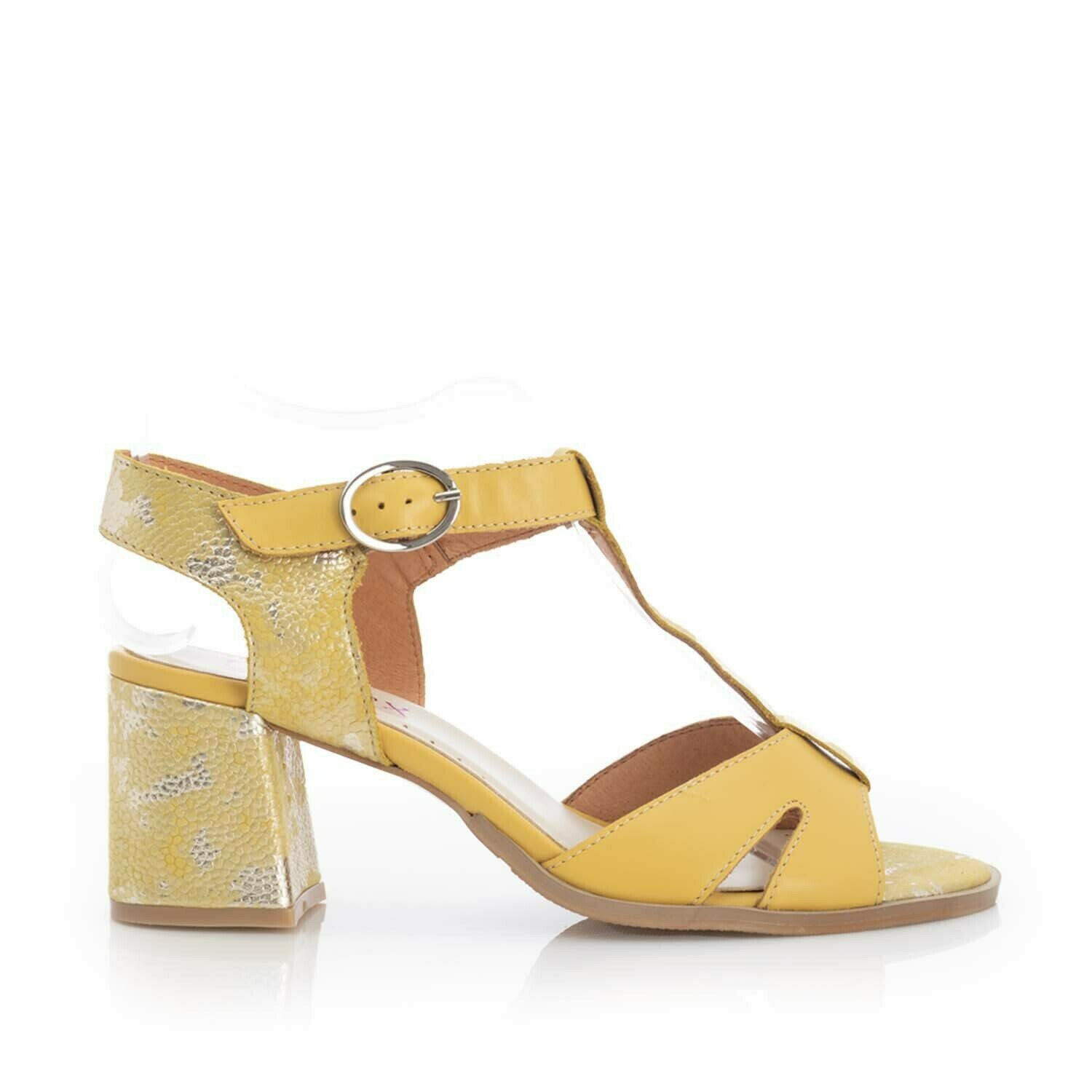 Poze Sandale cu toc damă din piele naturală, Leofex-156 Galben Box Sidefat