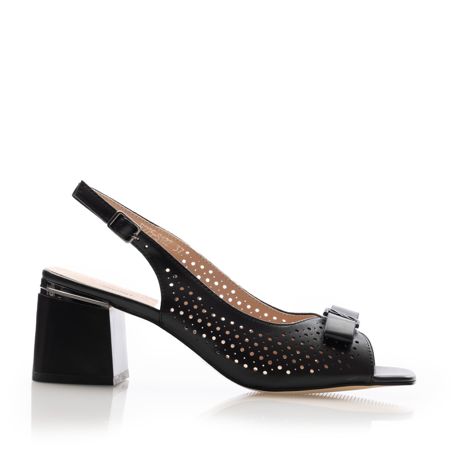 Sandale damă cu toc din piele naturală, Karisma - 4005 Negru Box Perforat