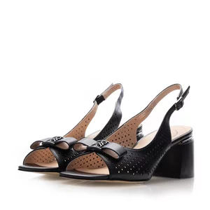 Sandale damă cu toc din piele naturală, Karisma - 4005 Negru Box Perforat