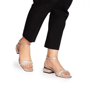 Sandale elegante damă cu toc mic din piele naturală - 2266 Auriu Box Presat