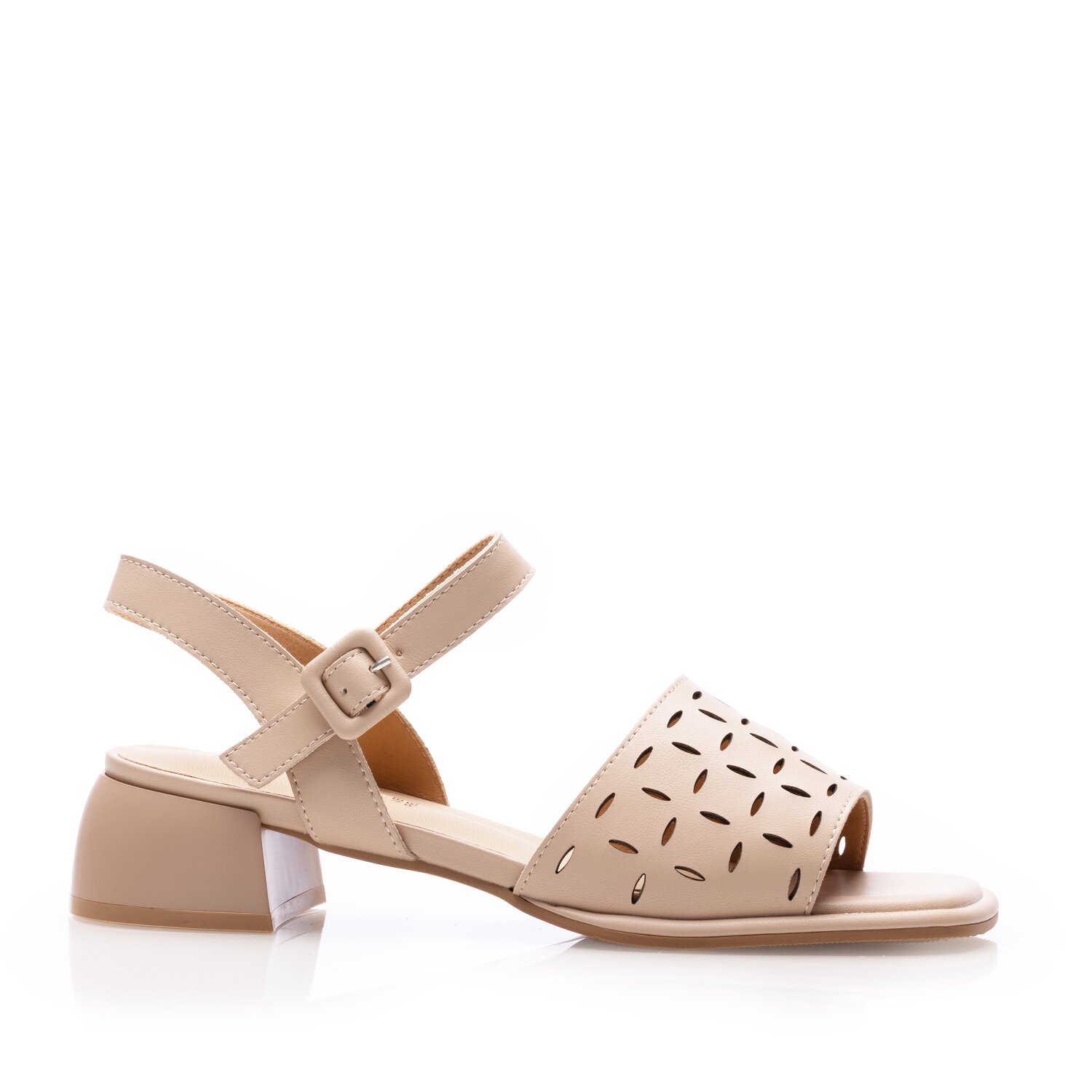 Sandale elegante damă cu toc mic din piele naturală, Karisma - 4004 Cappuccino Box Perforat