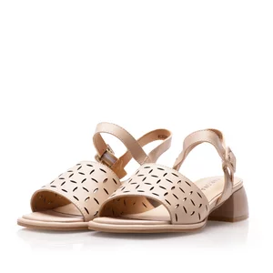 Sandale elegante damă cu toc mic din piele naturală, Karisma - 4004 Cappuccino Box Perforat